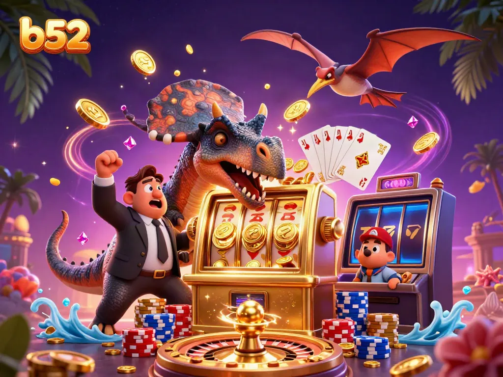 Watch b52-themed slot machines pay out jackpots as a dinosaur celebrates in a casino scene.