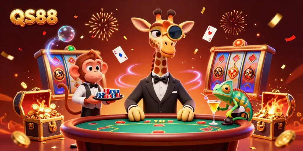 Experience the excitement of QS88 with a vibrant 3D casino scene featuring a high-roller giraffe at a poker table.