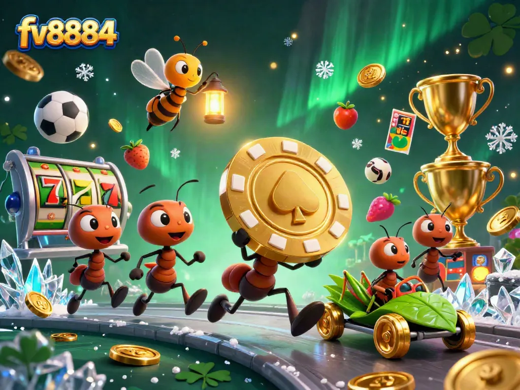 fv8884's dynamic casino heist scene with ants, poker chips, and sports elements.