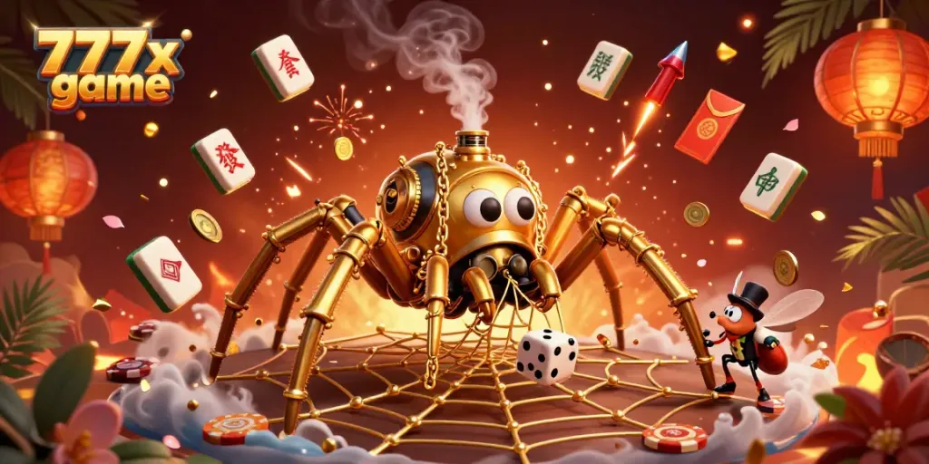 Experience the excitement of 777x game with a visual of a steampunk spider creating a web of golden chains and poker chips.