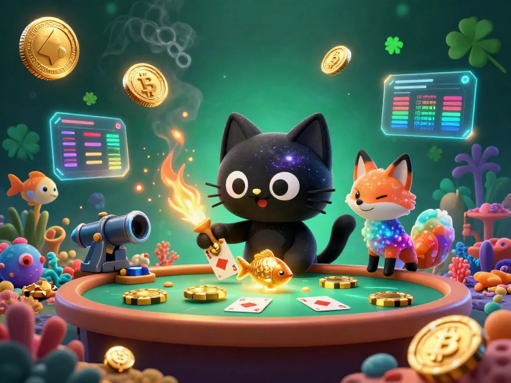 Engage in fish shooting games with kenzototo, where a black hole cat pulls in golden fish chips amidst colorful underwater elements.