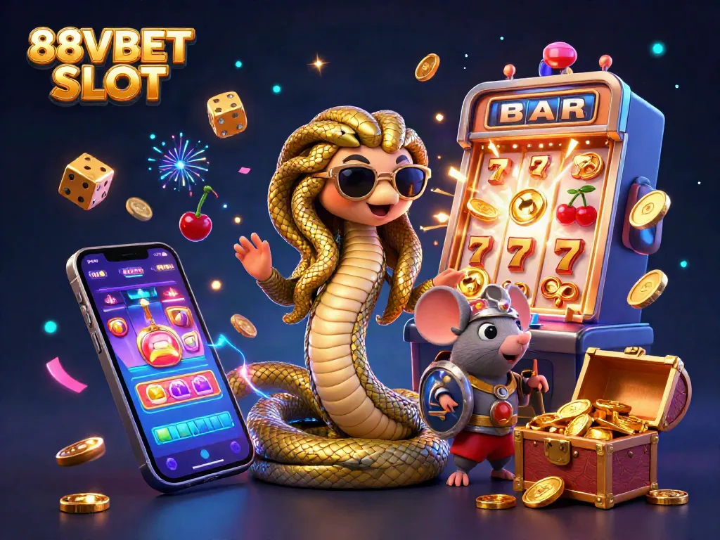 Engage with the exciting 88VBET SLOT scene featuring vibrant characters, jackpots, and casino elements dynamically intertwined.