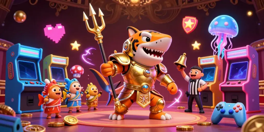 Experience e39 with a thrilling underwater colosseum featuring a golden-armored shark and colorful gaming elements.
