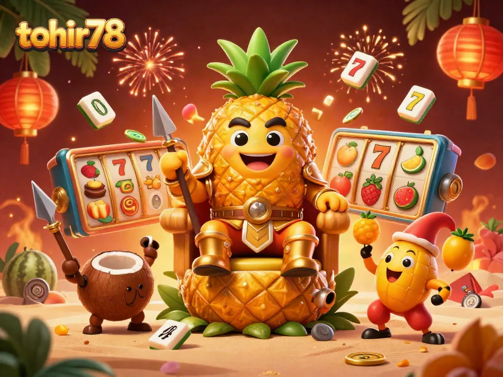 Engage in vibrant casino action featuring tohir78 with a golden pineapple king, coconut guards, and lively game elements.