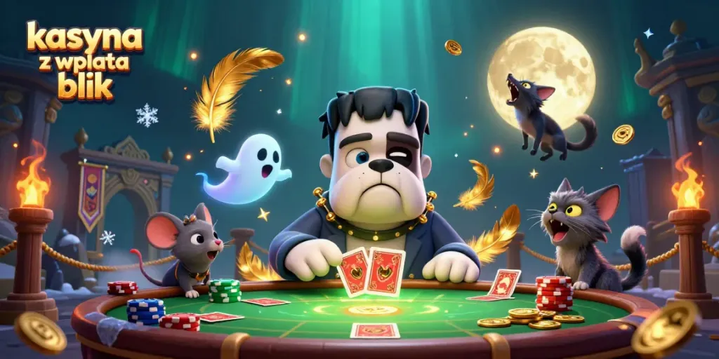 Experience kasyna z wplata blik with a vibrant 3D scene of playful casino characters.