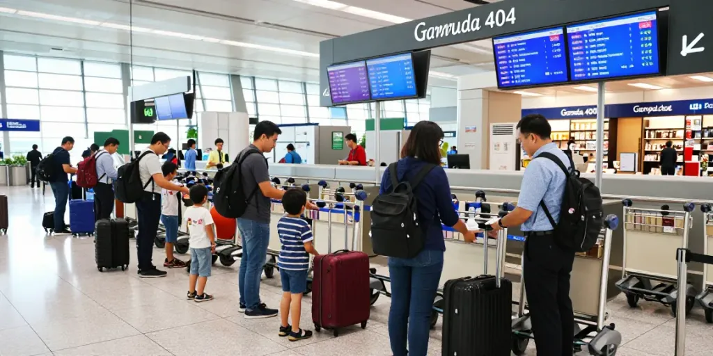 Garuda 404 flight check-in scene at airport terminal bustling with travelers