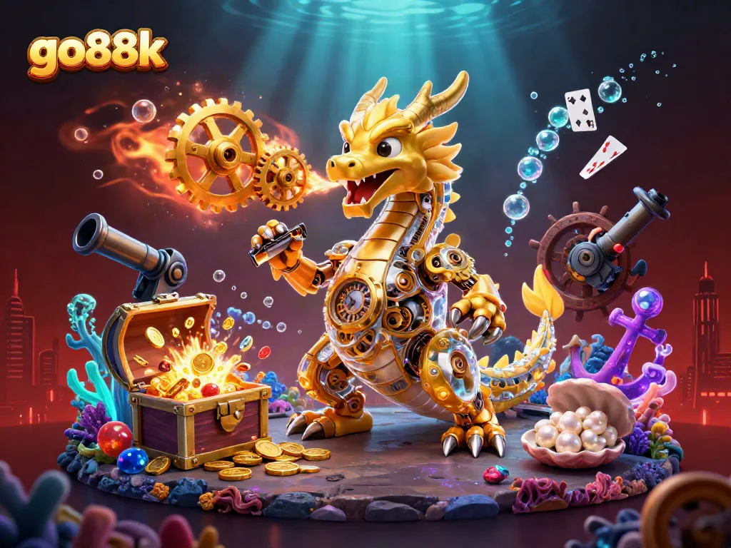 Engage with go88k as the golden dragon unleashes gears and gems in this vibrant casino scene.