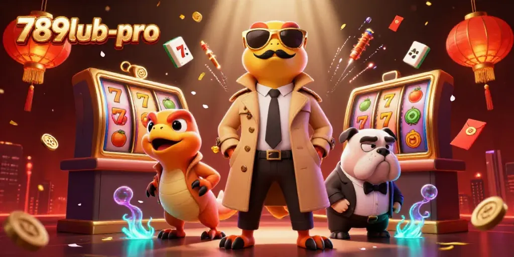 Engaging scene of 789lub-pro with three cartoon raptors in a trench coat at a VIP casino lounge.