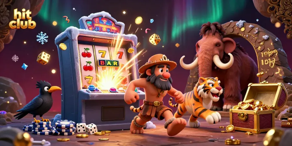 Engage in thrilling action at hit club with a vibrant prehistoric casino scene featuring fun characters and exciting games.