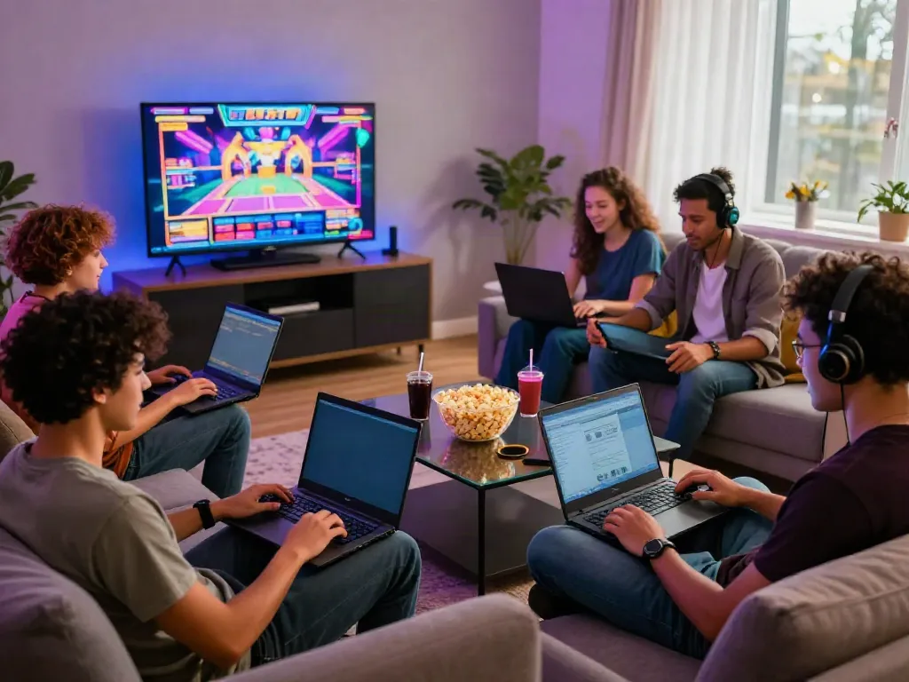 A diverse group of friends enjoying a fun gaming session centered around slot777 games in a cozy living room.