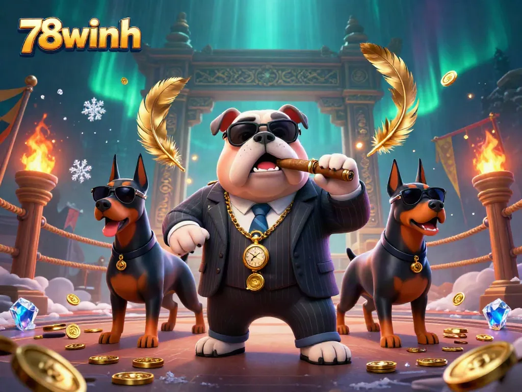 78winnh showcases a vibrant scene with a mafia boss bulldog and bodyguard Dobermans amidst dynamic casino elements.