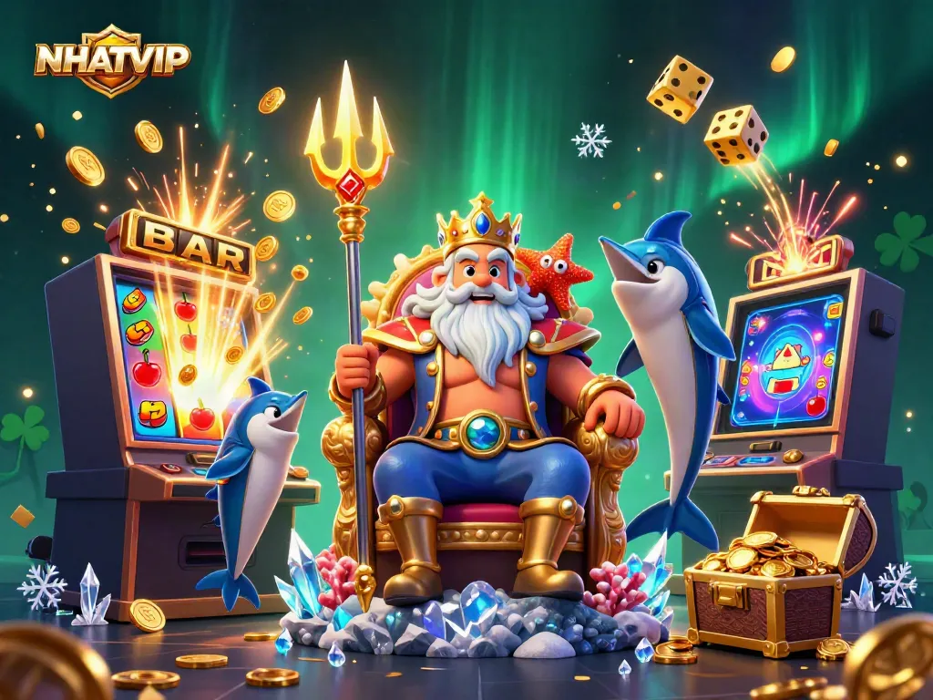 NHA TVIP players enjoy a jackpot explosion amidst a colorful casino scene with Neptune and treasure