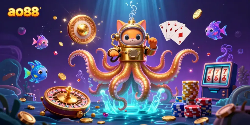 Experience thrilling adventures with ao88 in this vibrant underwater casino scene featuring a kraken, diving cat, and treasure.