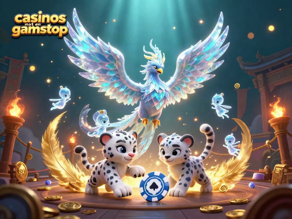 Engage with vibrant gaming adventures at casinos not on GamStop featuring dynamic ice phoenix, poker chip cub, and playful sprites.