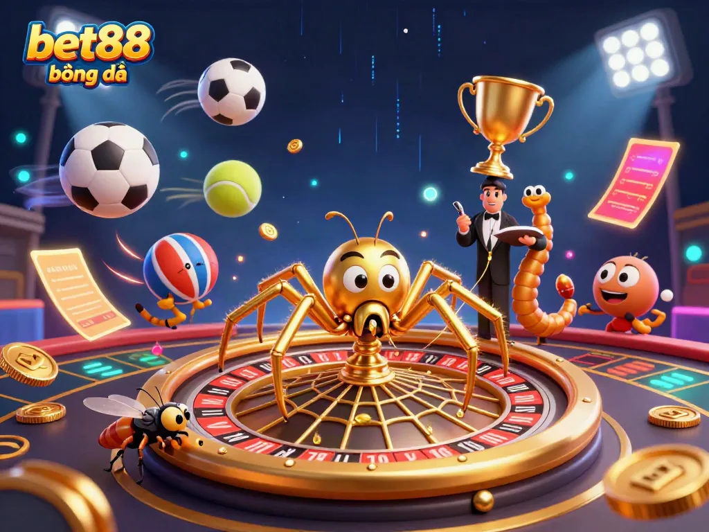 Engage with bet88 bóng đá as a spider spins a golden roulette web while sports balls fly around in excitement.