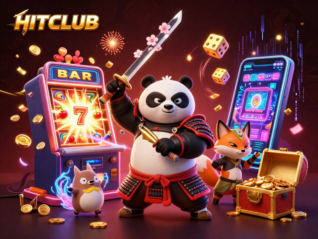 Experience the thrill at HITCLUB with an exciting 3D gaming adventure featuring samurai panda and golden shurikens.