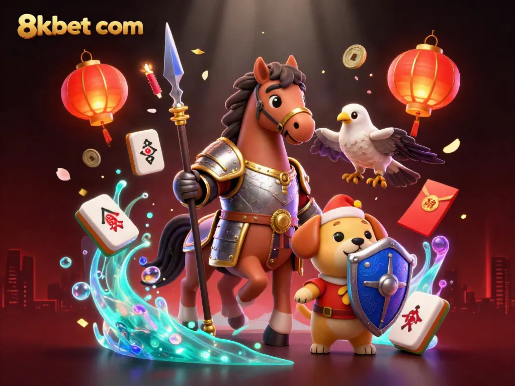 Experience exciting gaming at 8xbet com with a colorful, action-packed 3D illustration of a knight, puppy, and falcon amidst vibrant casino-themed elements.