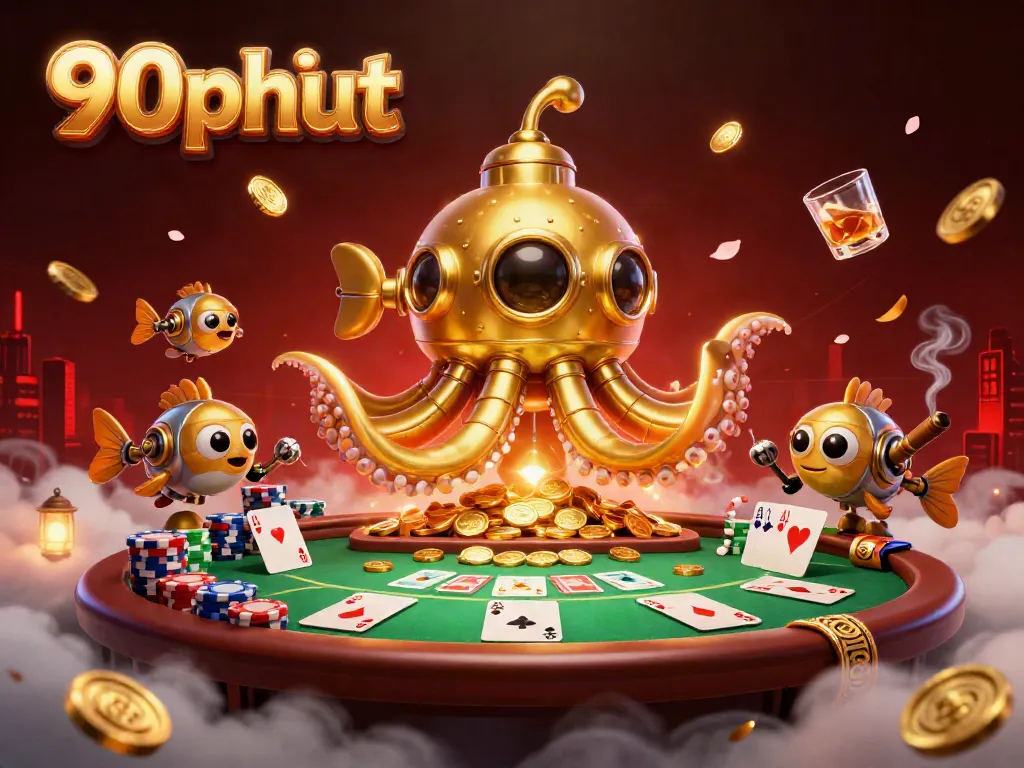 Immerse in 90phut's vibrant casino adventure with golden kraken and poker elements.