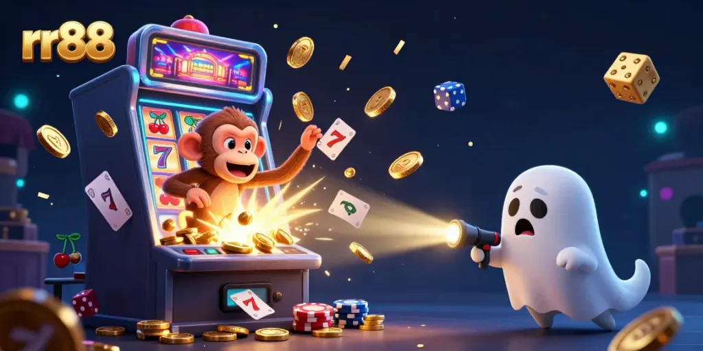 rr88's haunted casino scene showing a playful poltergeist monkey juggling gold coins and a curious puppy tracking it, capturing the excitement.