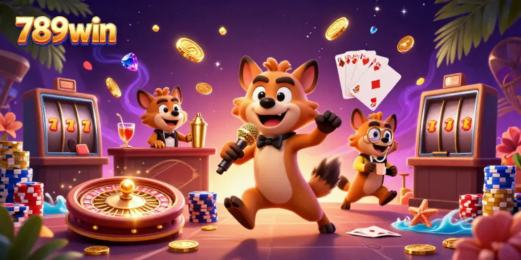 Experience the vibrant 789win casino atmosphere with lively hyenas interacting in a comedic setting.