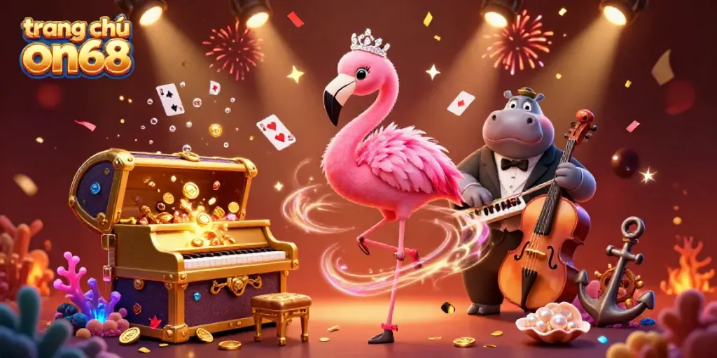 Experience the vibrancy of trang chủ on68 with a flamboyant flamingo performer surrounded by stunning casino elements and festive lights.