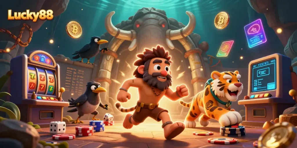 Experience Lucky88 in a vibrant prehistoric casino with unique game elements and crypto tokens.