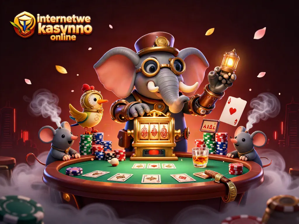 Experience thrilling gameplay at internetowe kasyno online, featuring a vibrant steampunk scene of an elephant engineer and friends.