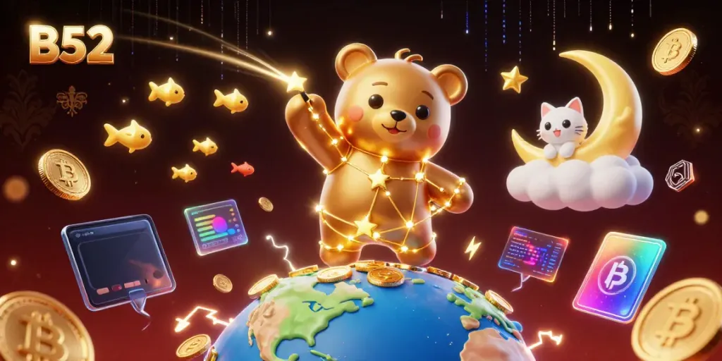 Engage with B52's vibrant online casino environment, featuring a constellation bear, Bitcoin, and Ethereum.