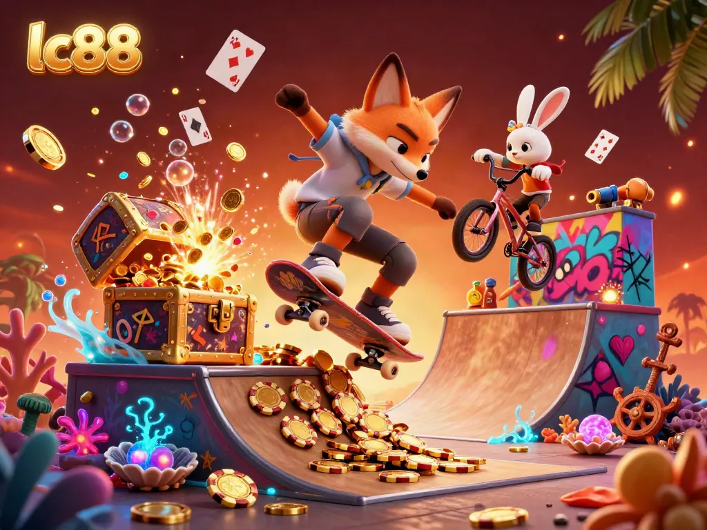 Experience treasure-finding action with lc88 as the skateboard fox and BMX rabbit perform casino-themed stunts.