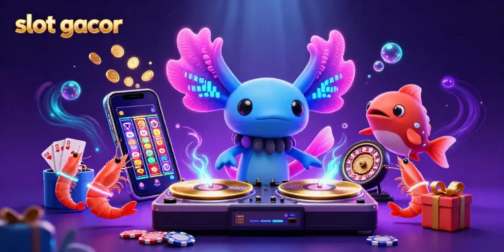 Slot gacor menggambarkan karakter DJ axolotl bersama udang dan ikan yang menghibur dalam suasana kasino bawah laut.