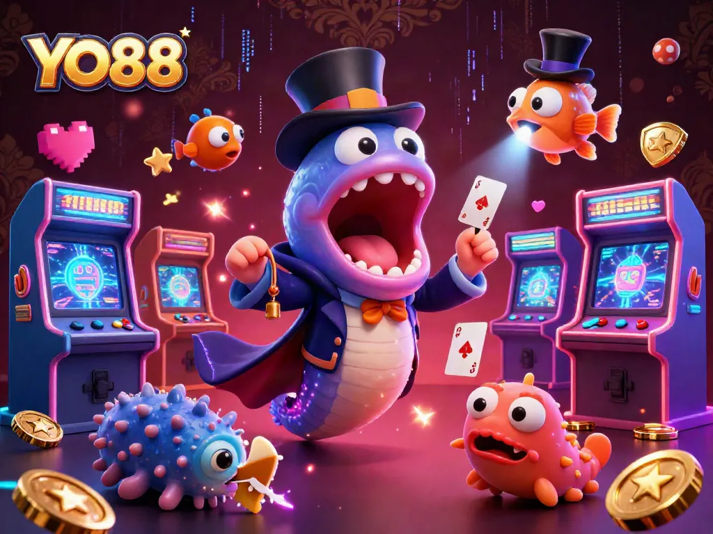 Experience YO88's vibrant gaming world with incredible characters and arcade elements in a magical scene.