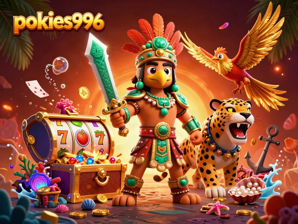 Play engaging pokies996 games, featuring vibrant characters and dynamic slots in a rich 3D scene.
