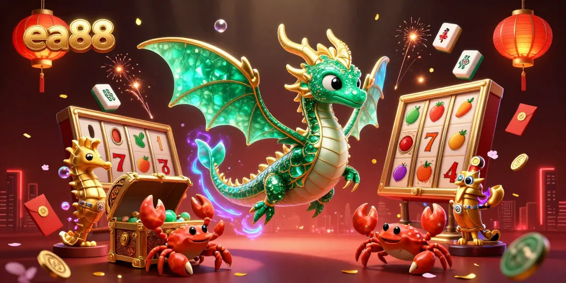 ea88 slot games showcased with a vibrant sea dragon and treasure elements in a digital casino illustration