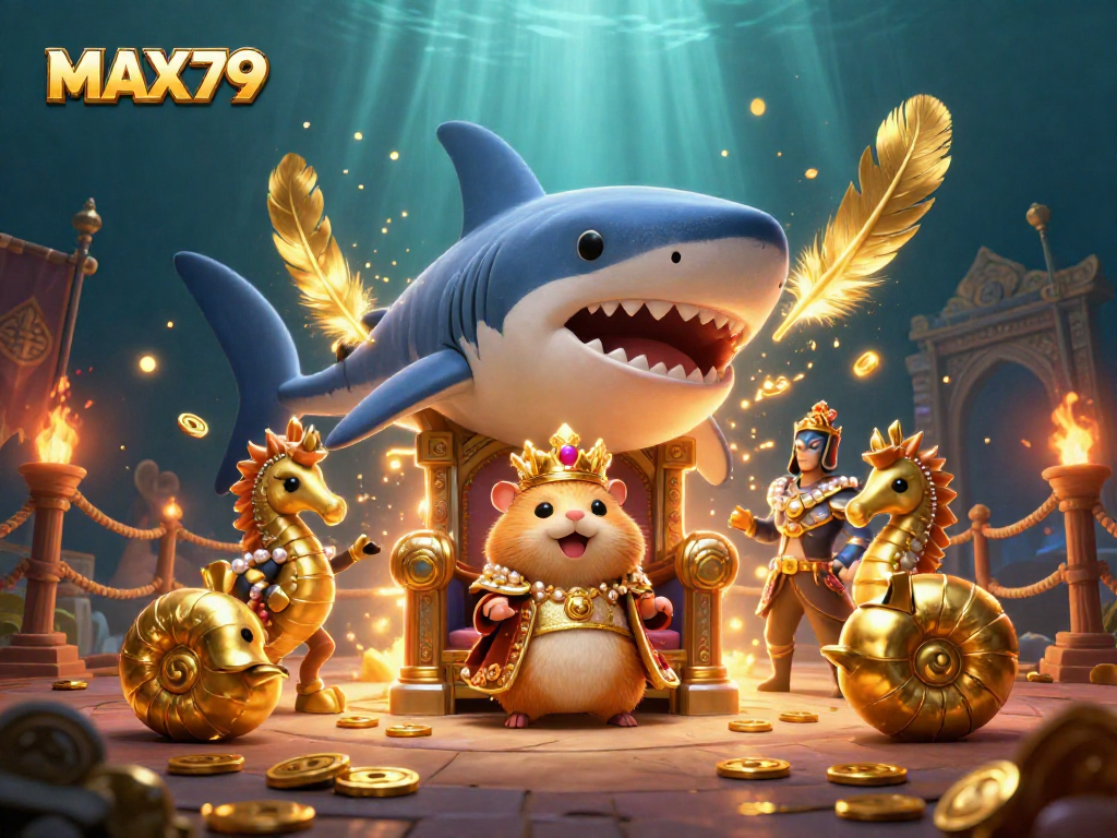 Engage in thrilling gameplay at MAX79 with a fierce golden hamster king ruling from a megalodon throne.