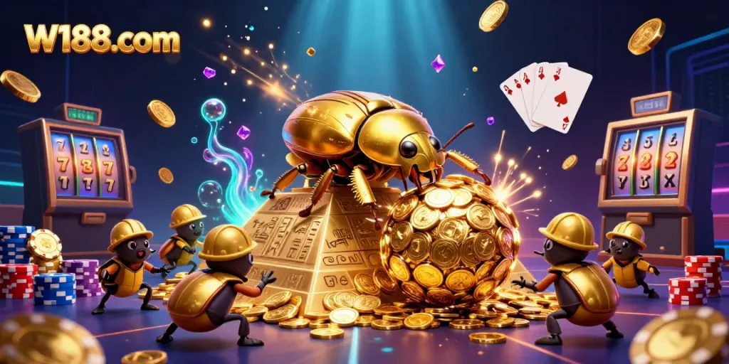 Experience the vibrant energy of W188 com with a giant golden beetle and casino elements in a dynamic scene.