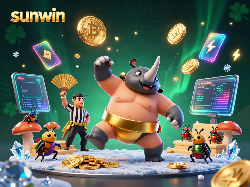 Engage with the sunwin gaming experience featuring a vibrant scene of a sumo champion beetle amidst flying coins and crypto elements.