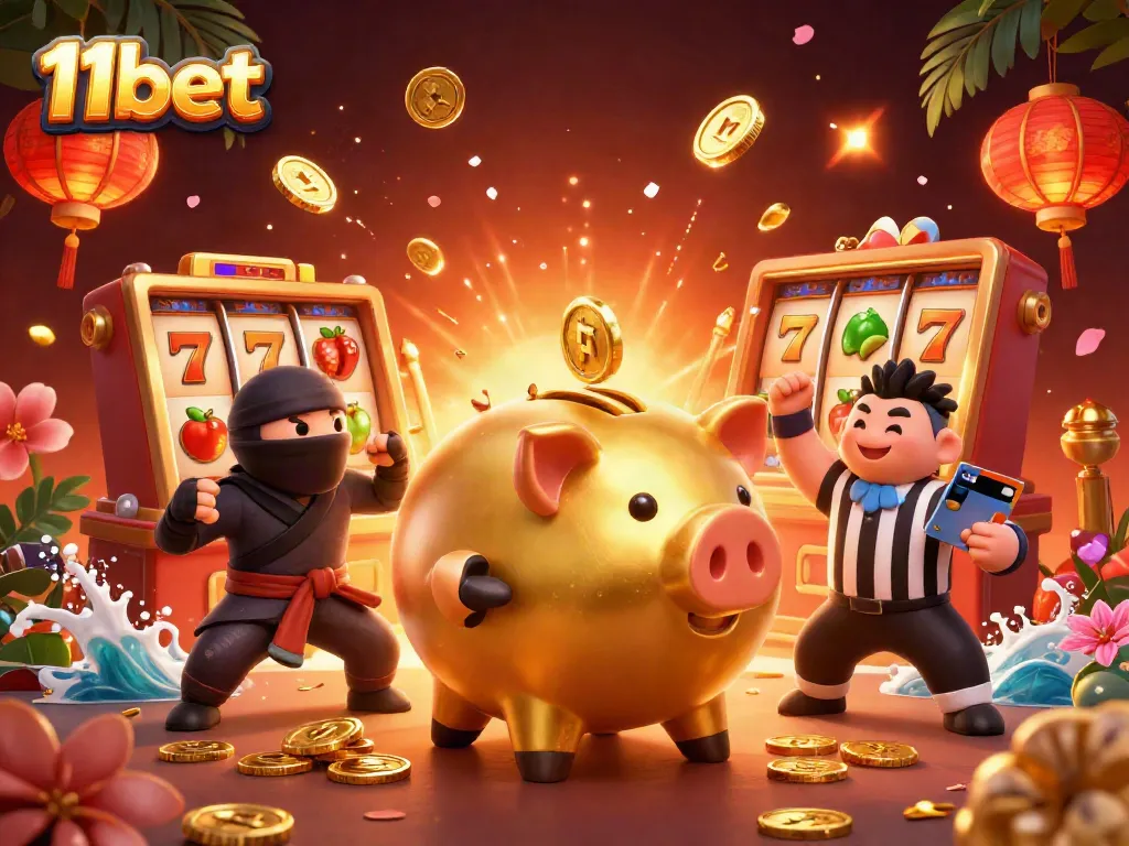 Experience the thrill of 11bet with dynamic characters and casino elements in this vibrant illustration.