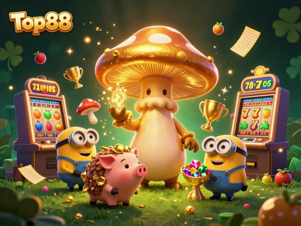 Experience the enchanted world of Top88 with a golden mushroom wizard and treasures in a rich casino setting.