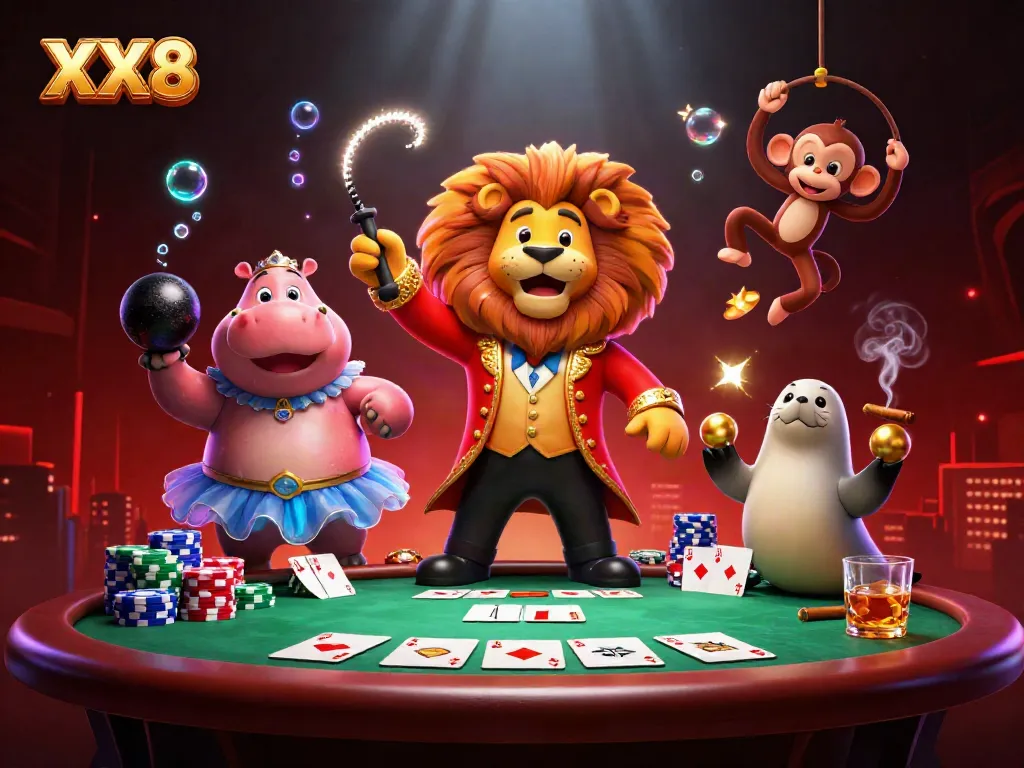 Engage in thrilling poker action with XX8; a colorful circus scene filled with vibrant characters and casino elements.