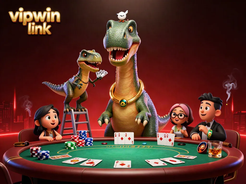 Compete with the vipwin link at a dynamic poker scene featuring a massive brontosaurus overseeing the table.