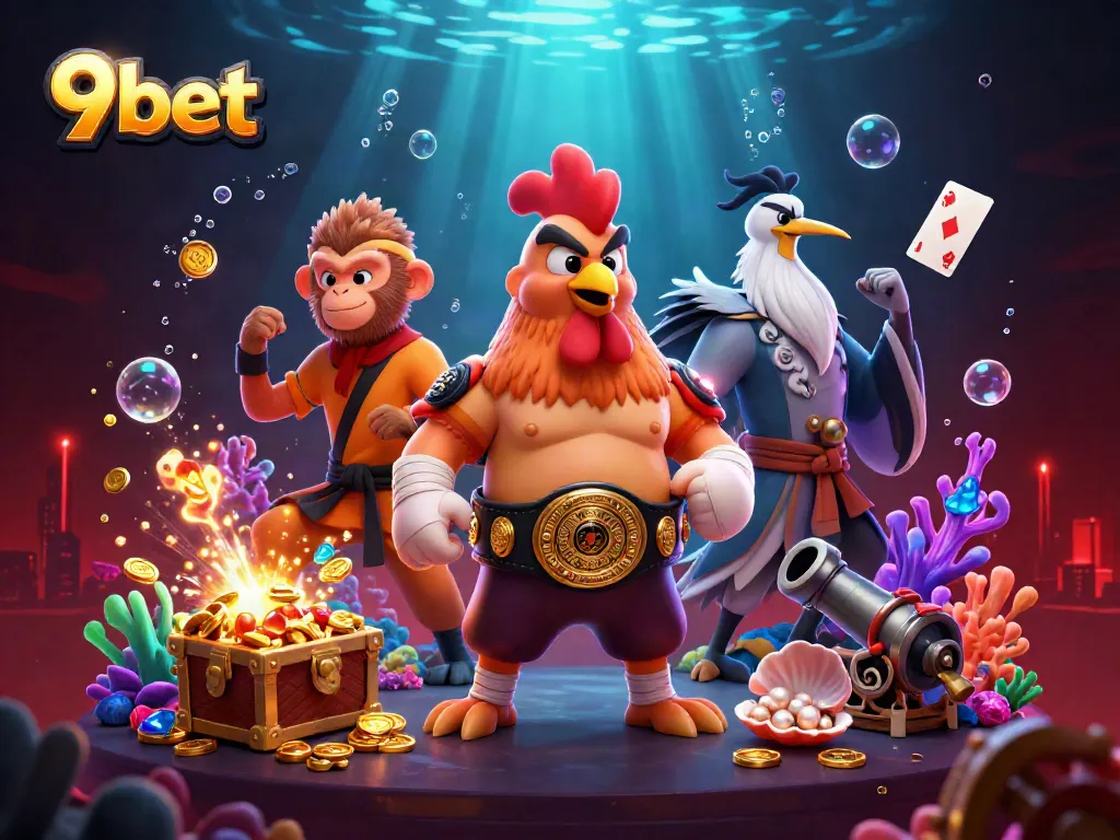 Experience thrilling action at 9bet with a dynamic underwater scene of fierce roosters, martial artists, and treasure.