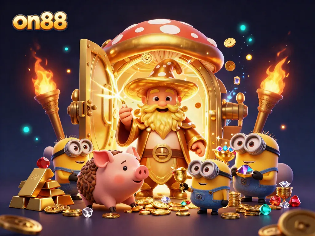 Unlock fortunes at on88 with a golden wizard and treasure galore in this captivating 3D scene.