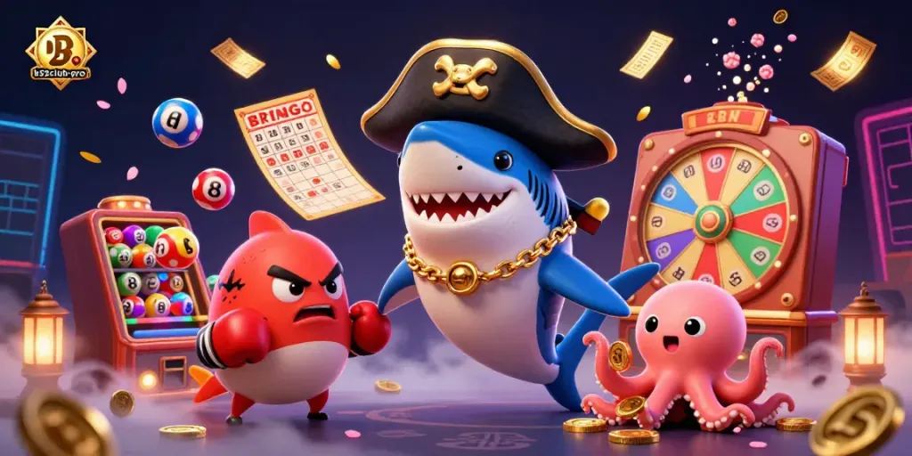 Catch the excitement of b52club-pro with a dynamic casino scene featuring our fun shark mascot and vibrant game elements.