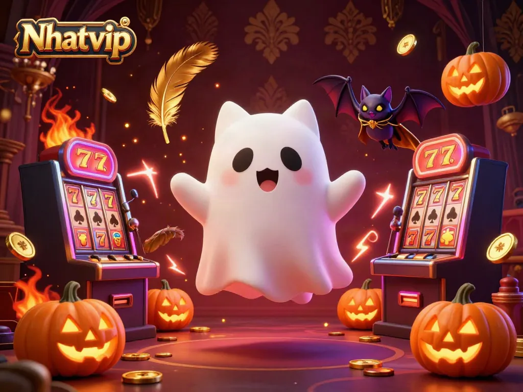 Nhatvip showcases thrilling spins in a haunted casino, with ghostly characters and glowing slot machines.