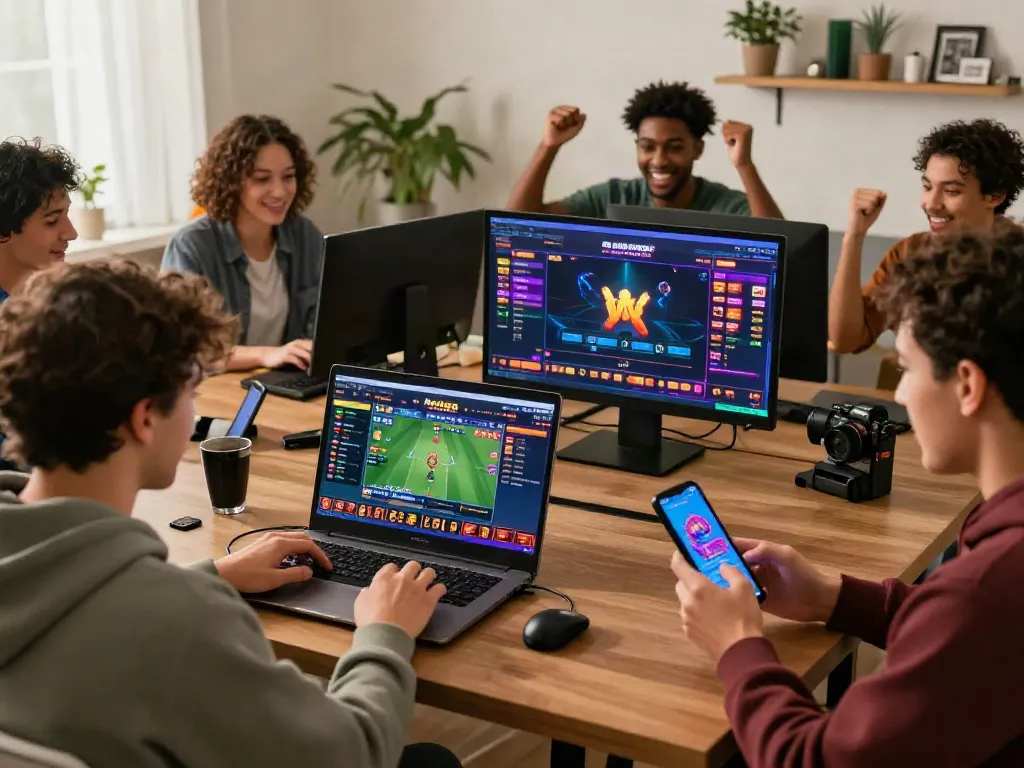 Engaged players enjoying online gambling at https://man881.jp.net/ with vibrant game interfaces in a modern home office.