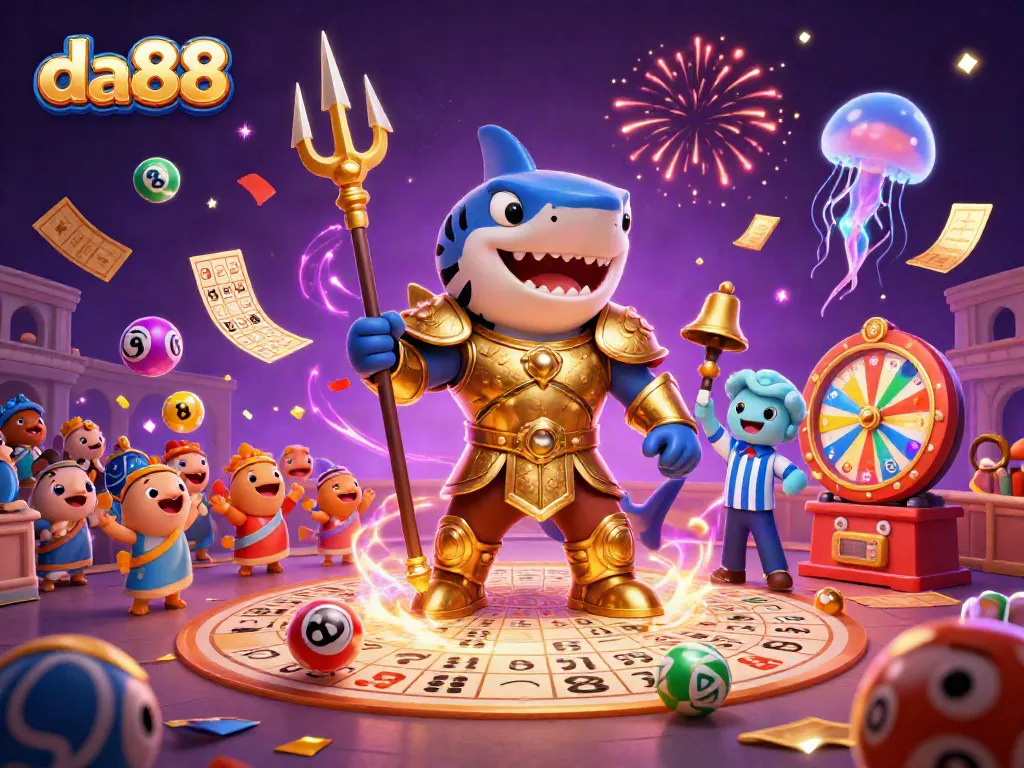 Engage in thrilling action at da88 with this vibrant underwater casino scene featuring a tiger shark and celebrating sea creatures.