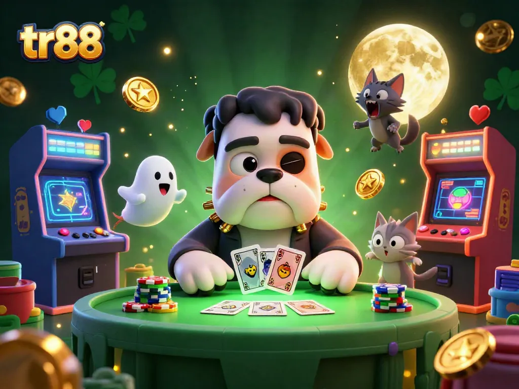 Join the action at tr88 with a Frankenstein bulldog dealer and spooky casino elements in playful 3D art.