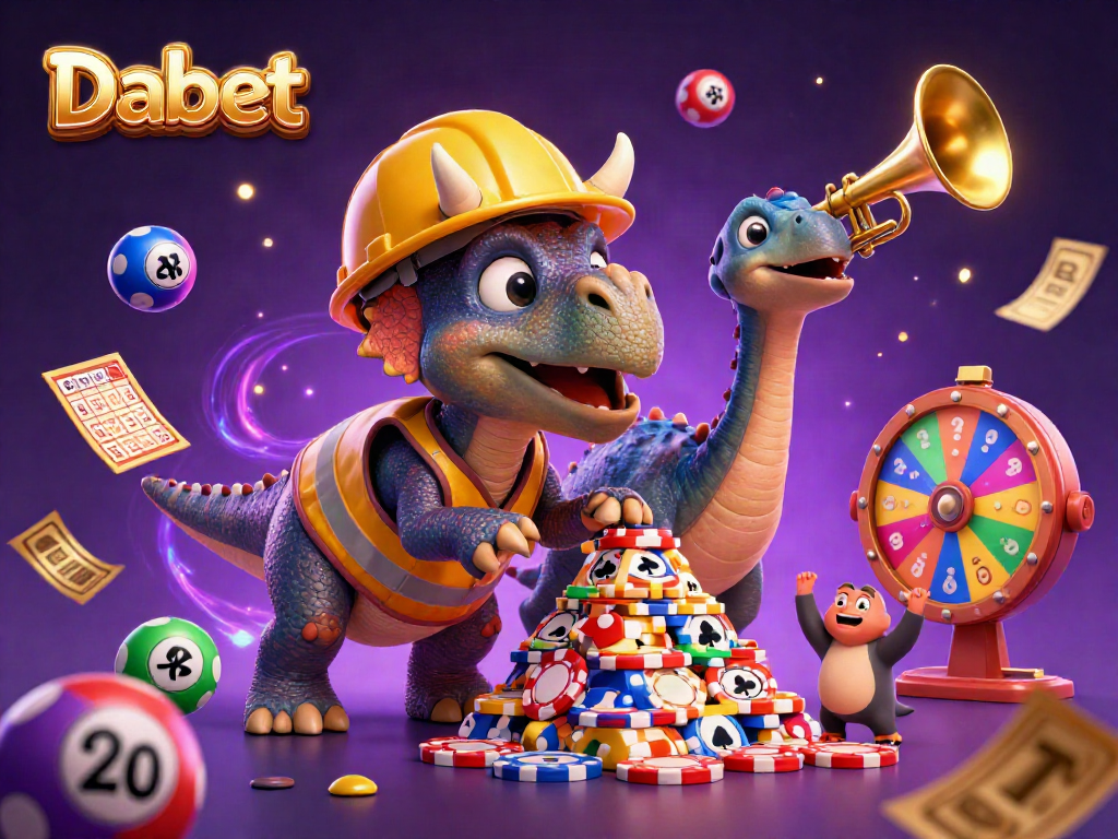 Dabet features a triceratops and a parasaurolophus celebrating with poker chips in a vibrant gambling scene.