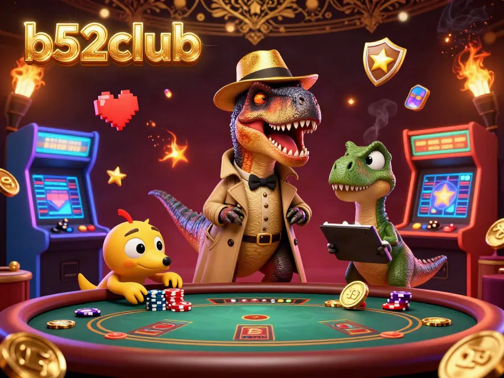 Engage with b52club in a vibrant casino scene featuring animated dinosaurs and gaming elements.