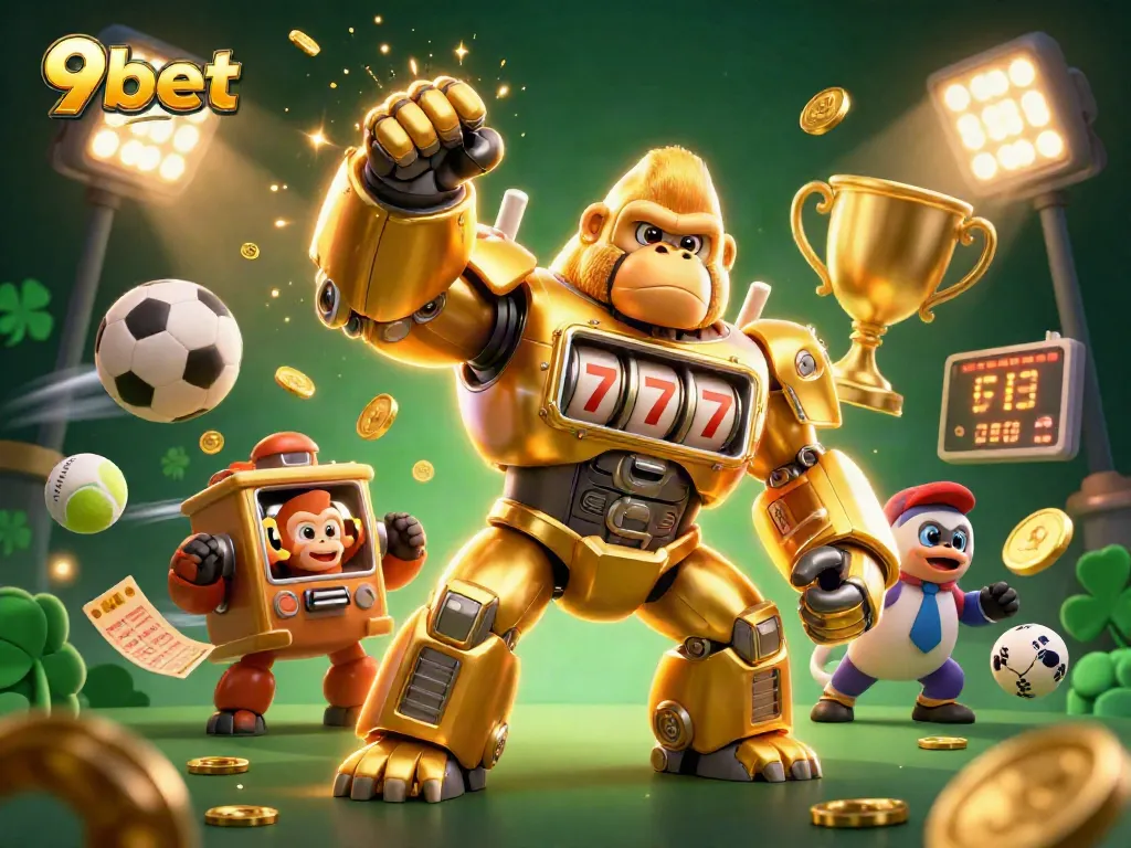 Engage with 9bet's dynamic winning experience featuring a golden gorilla mech and sports elements.